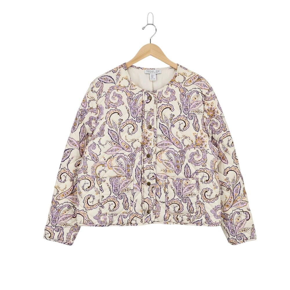 NWOT Rachel Zoe Quilted Paisley Patch Pocket Cottage Core Jacket Cream Purple XL